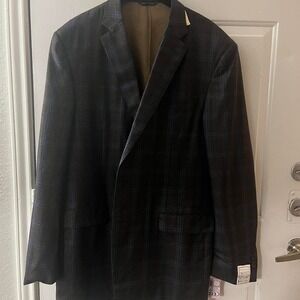 Size 40 Long Trussini Italy Wool Gray and Blue Dual Vent Stitched Lapel Blazer